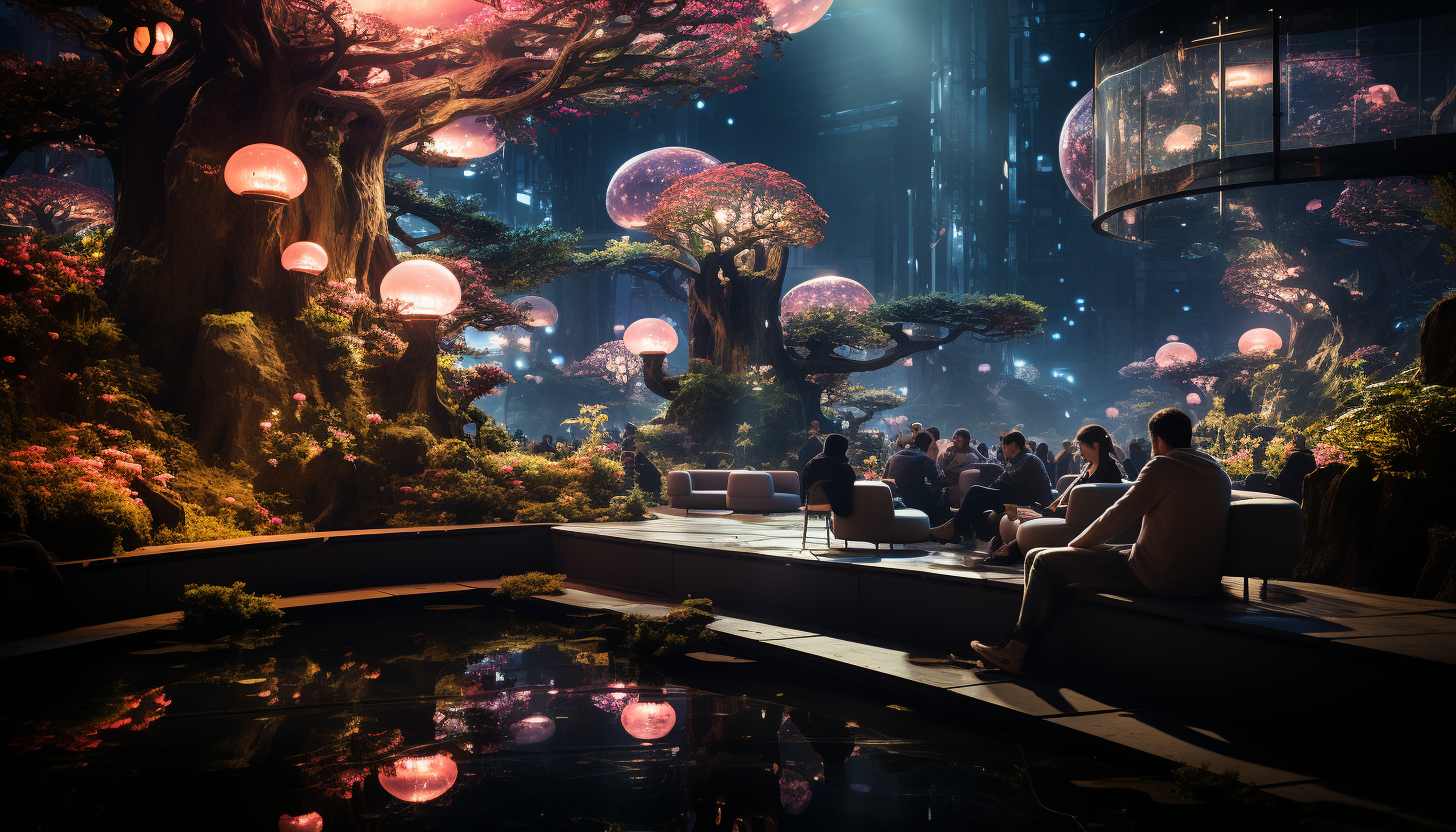 Futuristic urban park with bioluminescent plants, interactive light installations, and people relaxing in high-tech lounge areas.