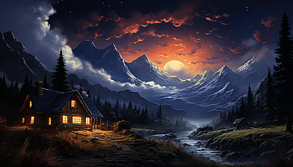 A cozy, snow-covered log cabin in the woods, smoke rising from the chimney, deer grazing nearby, under a star-filled night sky.