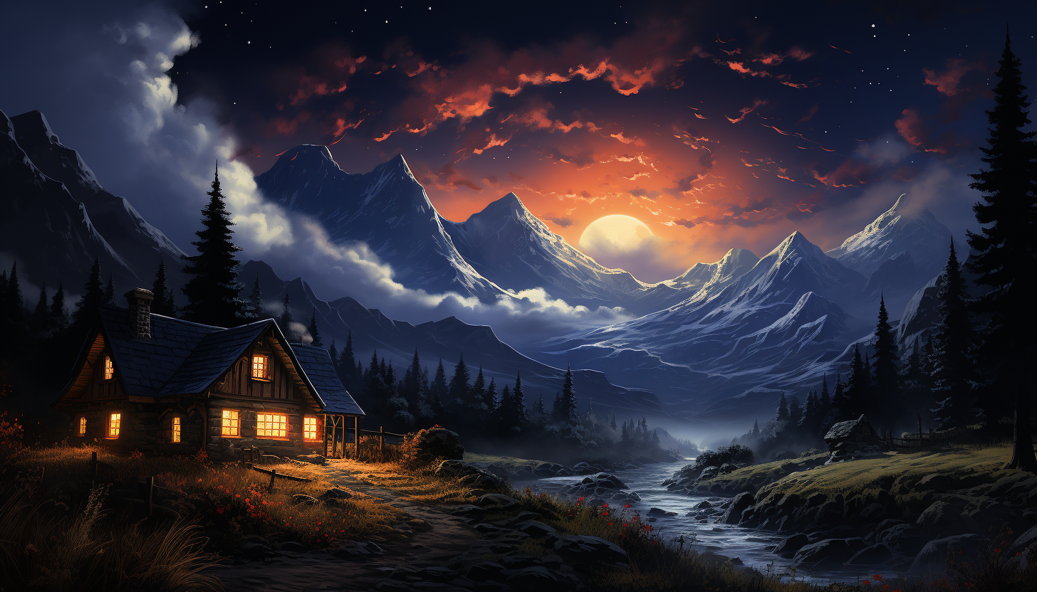 A cozy, snow-covered log cabin in the woods, smoke rising from the chimney, deer grazing nearby, under a star-filled night sky.