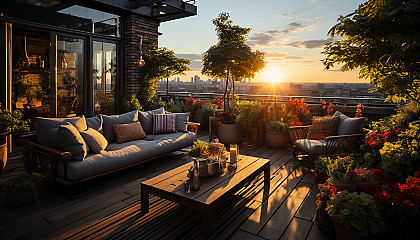 Lush rooftop garden in an urban setting, with a variety of plants, comfortable seating areas, and a skyline view at sunset.