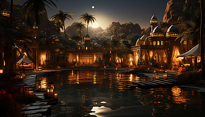 Desert oasis at night, featuring a star-filled sky, a tranquil pond, nomadic tents, and camels resting nearby.