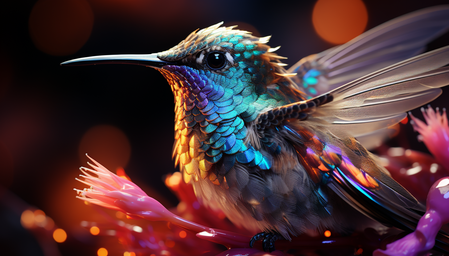 A macro image of a hummingbird's iridescent feathers in sunlight.