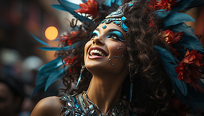 Vibrant carnival in Rio de Janeiro, with elaborate costumes, samba dancers, lively music, and colorful floats.