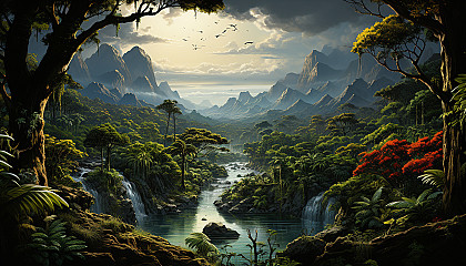 Lush rainforest canopy viewed from above, with a river winding through, exotic birds in flight, and a hidden waterfall.