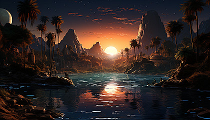Mystical desert oasis at twilight, with a tranquil pool, palm trees, camels resting, and a caravan of travelers under a star-filled sky.