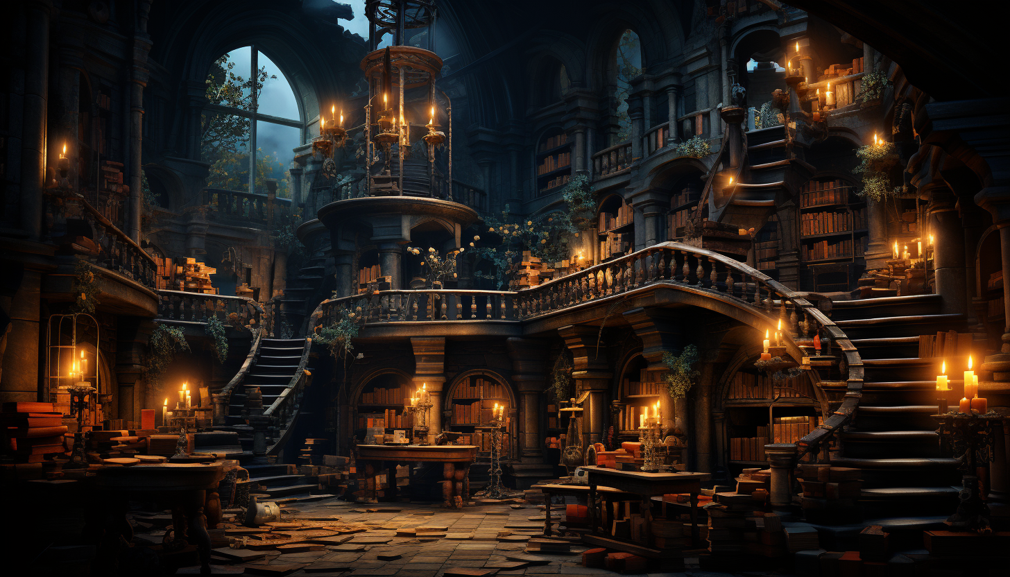 Ancient library with towering bookshelves, dimly lit by candlelight, ancient manuscripts, and a spiral staircase leading to hidden sections.