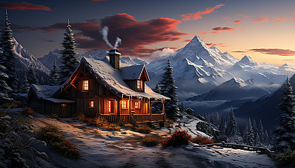 Cozy mountain cabin at winter, surrounded by snow-covered pines, smoke rising from the chimney, and a clear view of the snowy mountains.