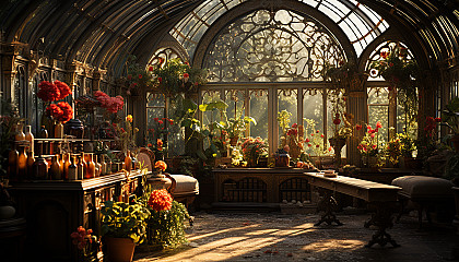 Victorian greenhouse filled with exotic plants, blooming flowers, a small fountain, and intricate ironwork, bathed in warm sunlight.