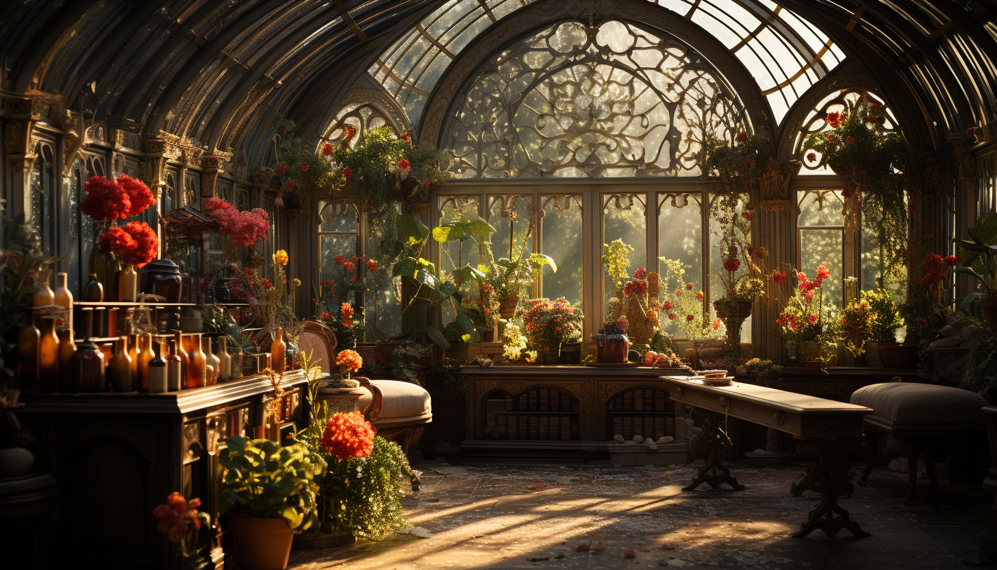 Victorian greenhouse filled with exotic plants, blooming flowers, a small fountain, and intricate ironwork, bathed in warm sunlight.