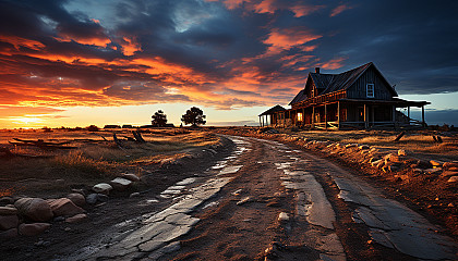 Old Western ghost town at dusk, abandoned wooden buildings, a dusty main street, and a distant thunderstorm.