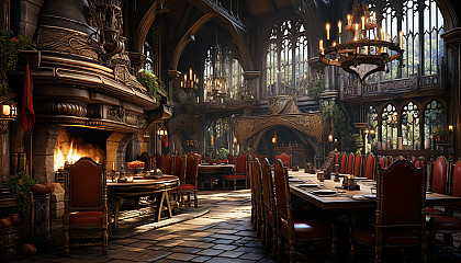 Grand medieval banquet hall, with a long feast table, tapestries, suits of armor, and a roaring fireplace.