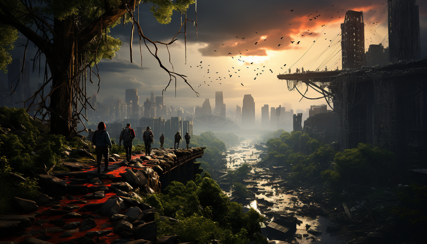 Post-apocalyptic urban landscape, with nature reclaiming skyscrapers, deserted streets, and a group of survivors exploring the ruins.