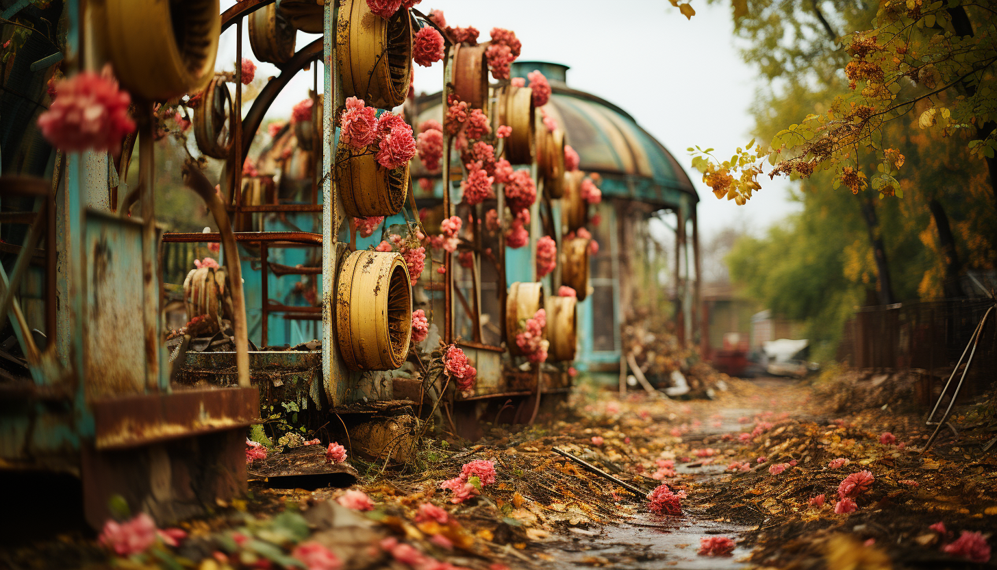 Abandoned amusement park reclaimed by nature, overgrown roller coasters, a rusty Ferris wheel, and wildflowers blooming among the rides.