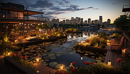 Rooftop garden in a bustling city, with a variety of plants, a small pond, city skyline in the background, and string lights creating a cozy atmosphere.