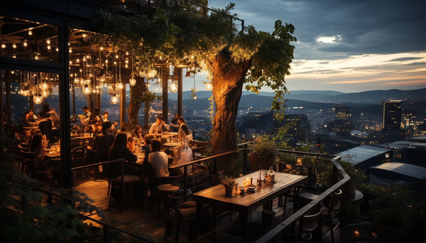 Modern rooftop garden in a bustling city, with skyscrapers, urban farming plots, string lights, and groups of friends enjoying a summer evening.