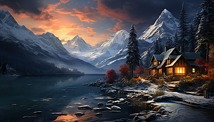 Cozy mountain cabin at winter, surrounded by snow-covered pines, smoke rising from the chimney, and a clear view of the snowy mountains.