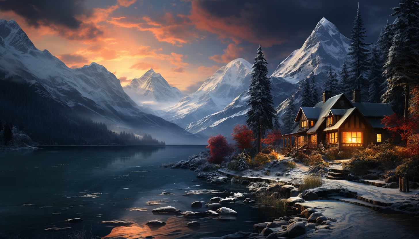 Cozy mountain cabin at winter, surrounded by snow-covered pines, smoke rising from the chimney, and a clear view of the snowy mountains.