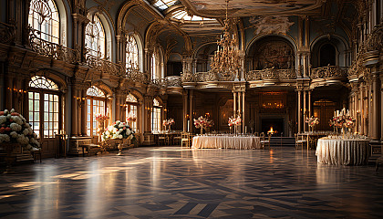 Lavish Renaissance ballroom, with elegant dancers, opulent chandeliers, and grand frescoes.