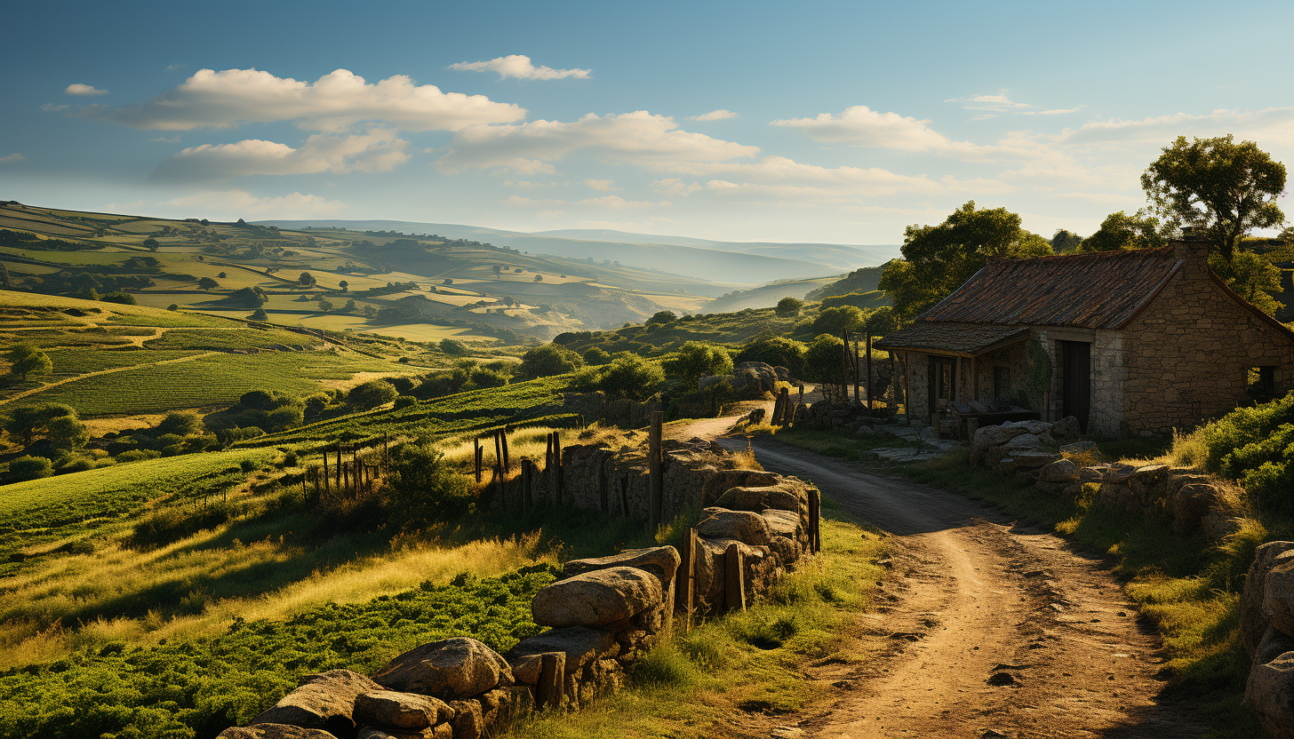 Rustic vineyard at golden hour, rolling hills of grapevines, a quaint stone farmhouse, and workers harvesting grapes.