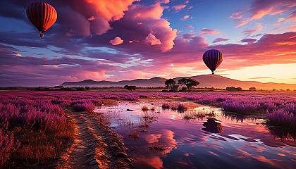 Lavender fields in Provence at sunrise, with rows of purple flowers, a quaint farmhouse, and hot air balloons in the sky.