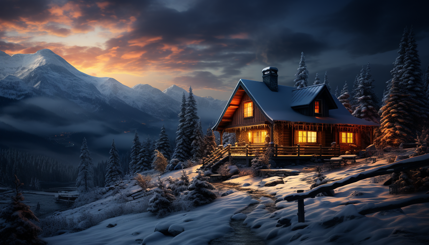 Cozy mountain cabin in winter, surrounded by snow-covered pine trees, with smoke from the chimney and a clear night sky.