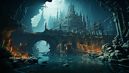 Lost city of Atlantis under the ocean, with ancient, coral-covered ruins, mysterious technology, and diverse marine life.