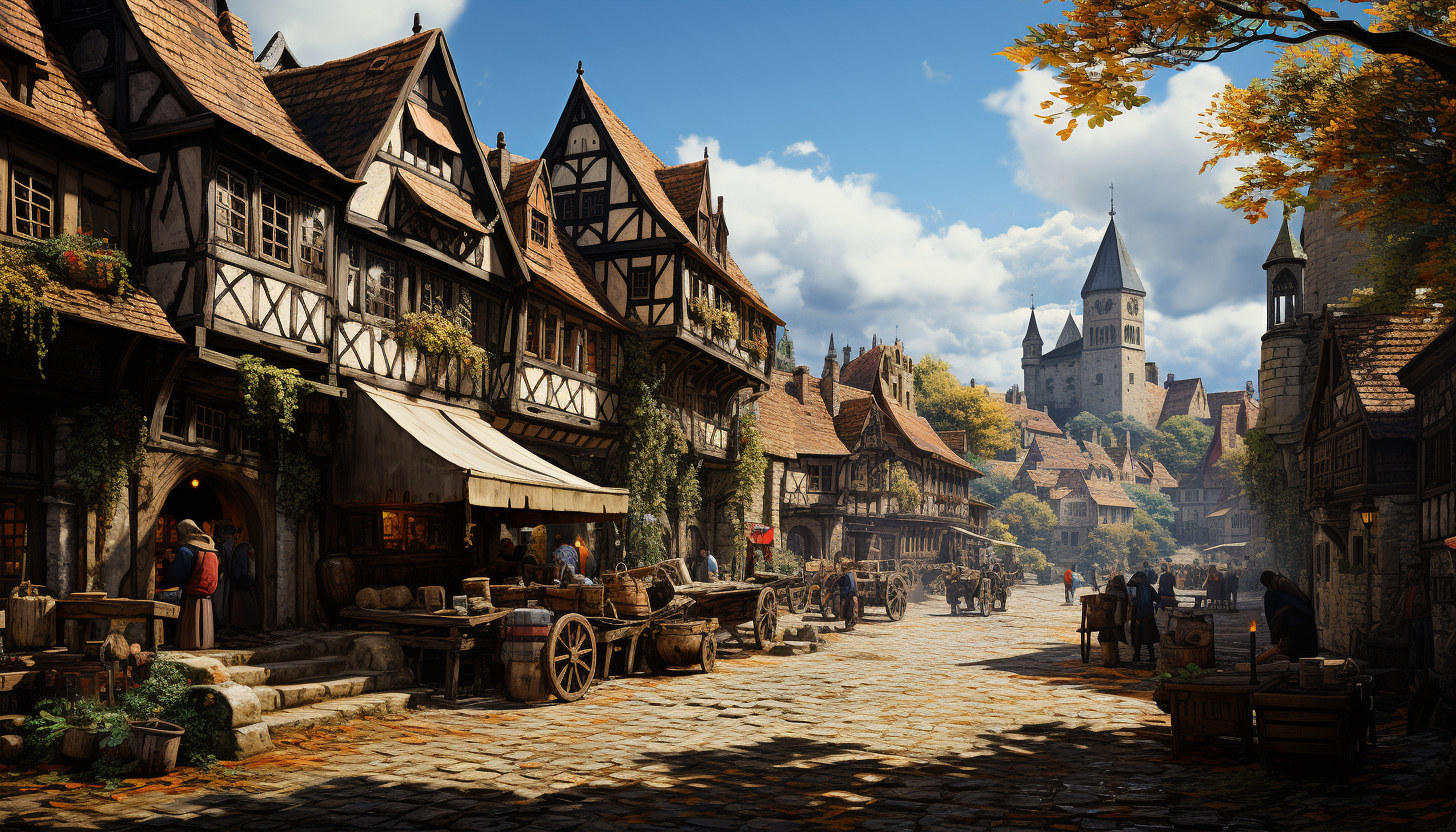 Medieval village during a festival, with market stalls, jugglers, knights in armor, a castle in the distance, and villagers in period attire.