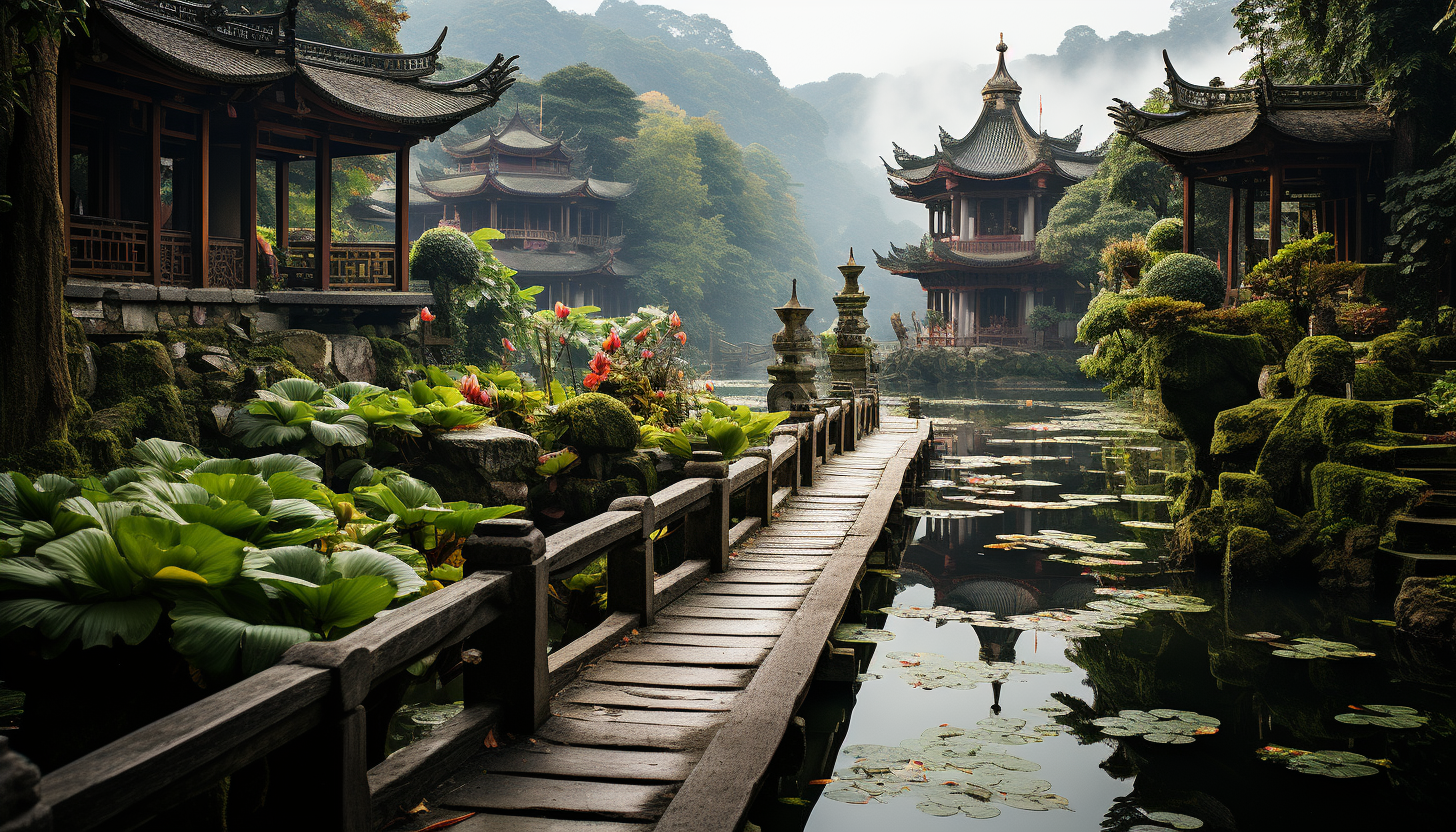 Traditional Chinese garden with a pagoda, stone paths, a lotus pond, and a red bridge, all surrounded by misty mountains.