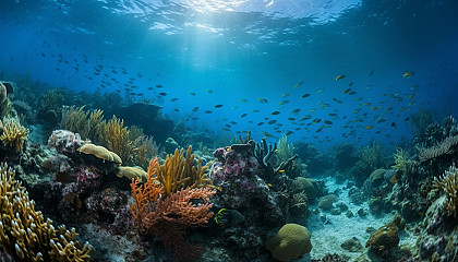 Underwater scenes featuring vibrant coral reefs and diverse marine life.