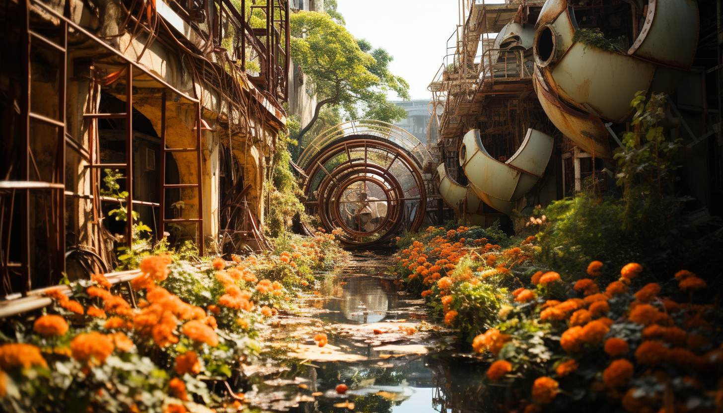 Abandoned amusement park reclaimed by nature, overgrown roller coasters, a rusting Ferris wheel, and wildflowers everywhere.