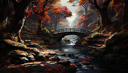 Autumnal forest path covered in fallen leaves, with a wooden bridge over a babbling brook and rays of sunlight filtering through the trees.