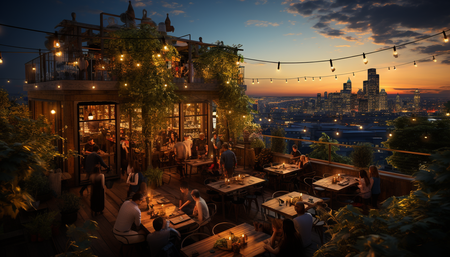 Bustling urban rooftop garden at dusk, with string lights, a variety of plants, city skyline view, and people enjoying a meal.