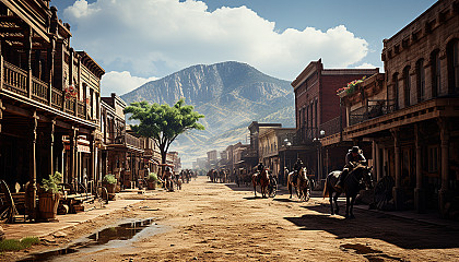 Old Western town at high noon, with a dusty main street, saloon, horse-drawn carriages, and cowboys having a standoff.