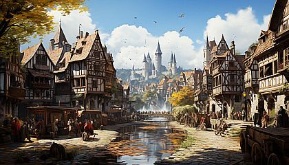 Bustling Renaissance fair in a medieval village, with jesters, knights, market stalls, and a grand castle in the background.