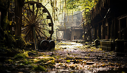 An abandoned amusement park reclaimed by nature, with overgrown rides, a Ferris wheel entwined in vines, and a mysterious, eerie ambiance.