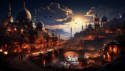 Traditional Arabian bazaar at dusk, with spice stalls, flying carpets, oil lamps, and a bustling crowd in a desert city.