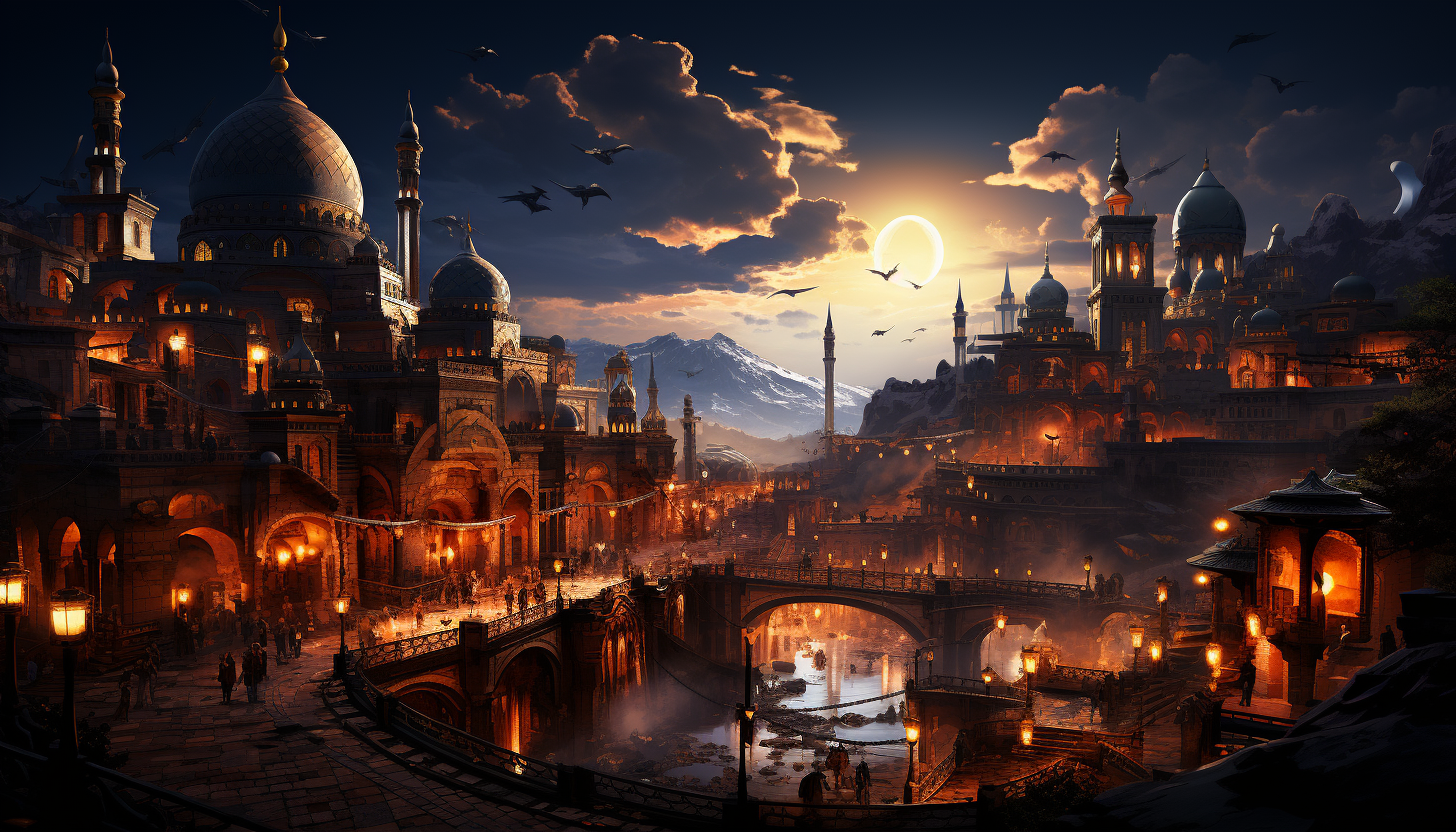 Traditional Arabian bazaar at dusk, with spice stalls, flying carpets, oil lamps, and a bustling crowd in a desert city.