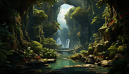 Lush rainforest canopy, with exotic birds, a cascading waterfall, dense foliage, and a hidden temple peeking through the trees.