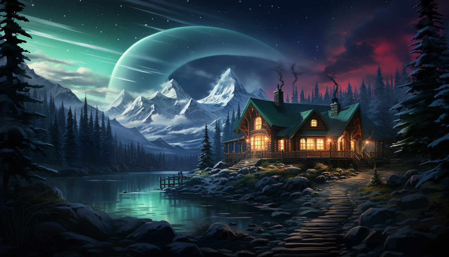 Cozy mountain cabin at night, snow-covered, with warm light from windows, a pine forest backdrop, and the Northern Lights.