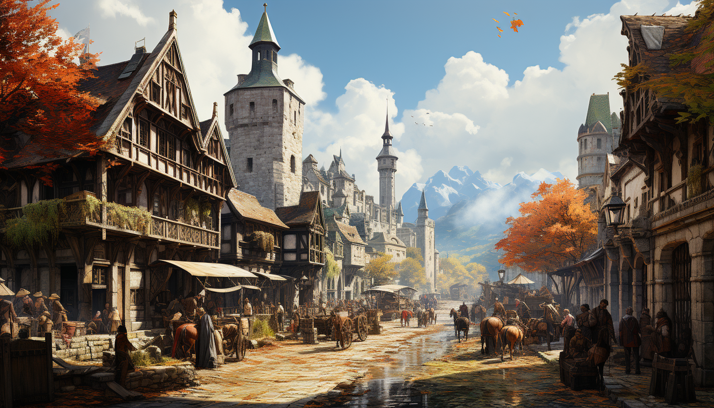 Busy medieval market square, with vendors selling goods, knights on horseback, jesters performing, and a castle in the background.