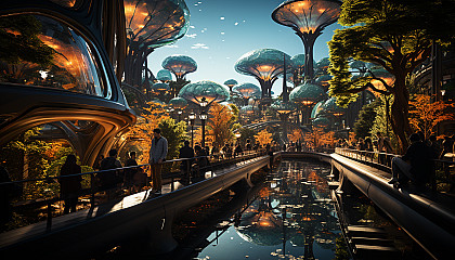 Futuristic urban park with holographic trees, interactive art installations, people relaxing on levitating benches, and a skyline of eco-friendly skyscrapers.