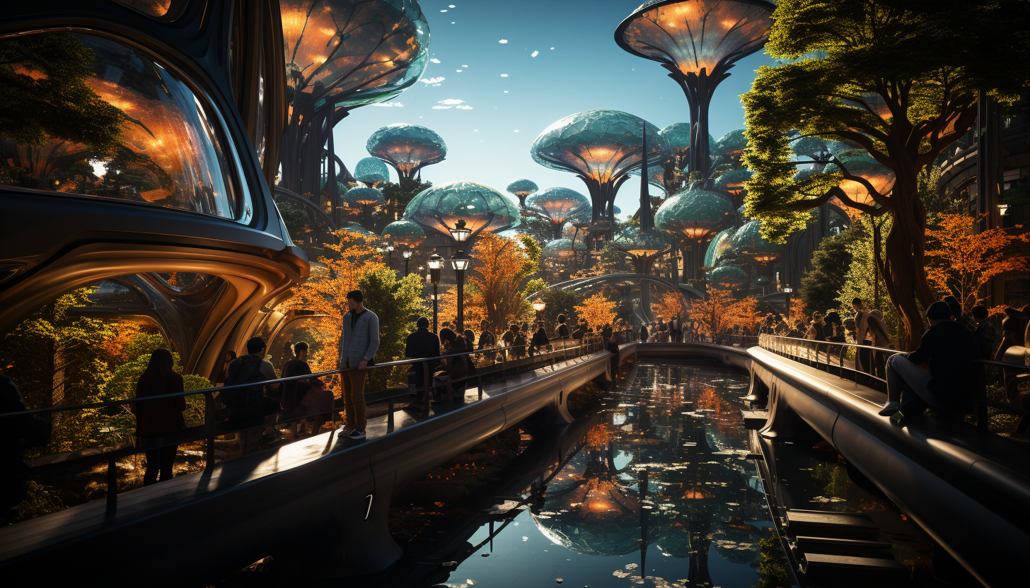 Futuristic urban park with holographic trees, interactive art installations, people relaxing on levitating benches, and a skyline of eco-friendly skyscrapers.