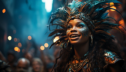 Vibrant carnival in Rio de Janeiro, with samba dancers, elaborate floats, and crowds of people celebrating under fireworks.