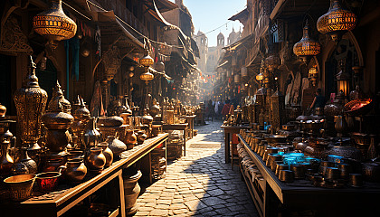 Traditional Moroccan bazaar, with spice stalls, intricate lanterns, colorful fabrics, and bustling crowds in a narrow, sunlit alley.