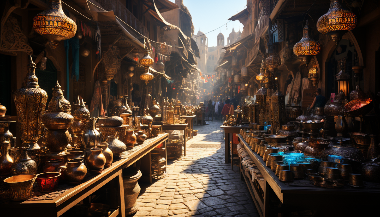 Traditional Moroccan bazaar, with spice stalls, intricate lanterns, colorful fabrics, and bustling crowds in a narrow, sunlit alley.