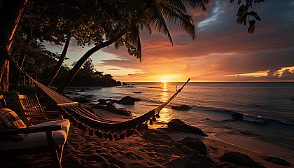 Lush tropical beach at sunset, with hammocks, palm trees, a fire pit, and a distant view of sailboats on the horizon.