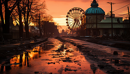 Abandoned amusement park at sunset, with rusty roller coasters, overgrown paths, and a hauntingly beautiful Ferris wheel against a dusky sky.