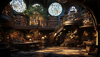 Grand library with towering bookshelves, ancient books, a large globe, spiral staircases, and sunlight streaming through stained glass windows.