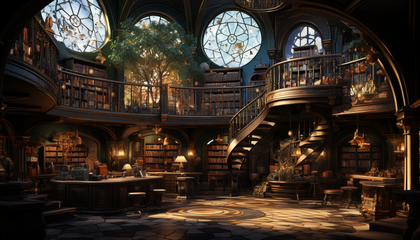 Grand library with towering bookshelves, ancient books, a large globe, spiral staircases, and sunlight streaming through stained glass windows.