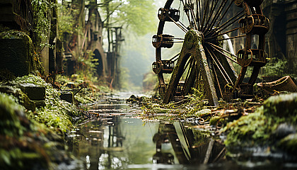 Abandoned amusement park reclaimed by nature, with overgrown roller coasters, a rusting Ferris wheel, and wild animals roaming.